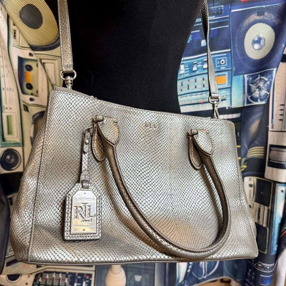 Lauren Ralph Lauren Metallic Pewter Snakeskin Embossed Satchel Handbag Silver RL